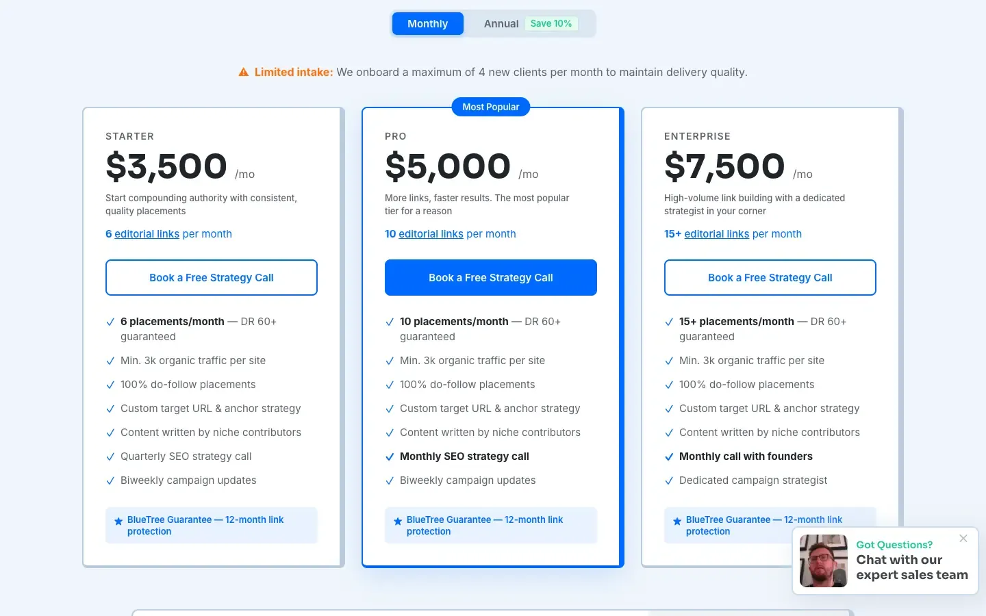 BlueTree Digital: bluetree.digital/link-building-pricing as it looked when we checked
