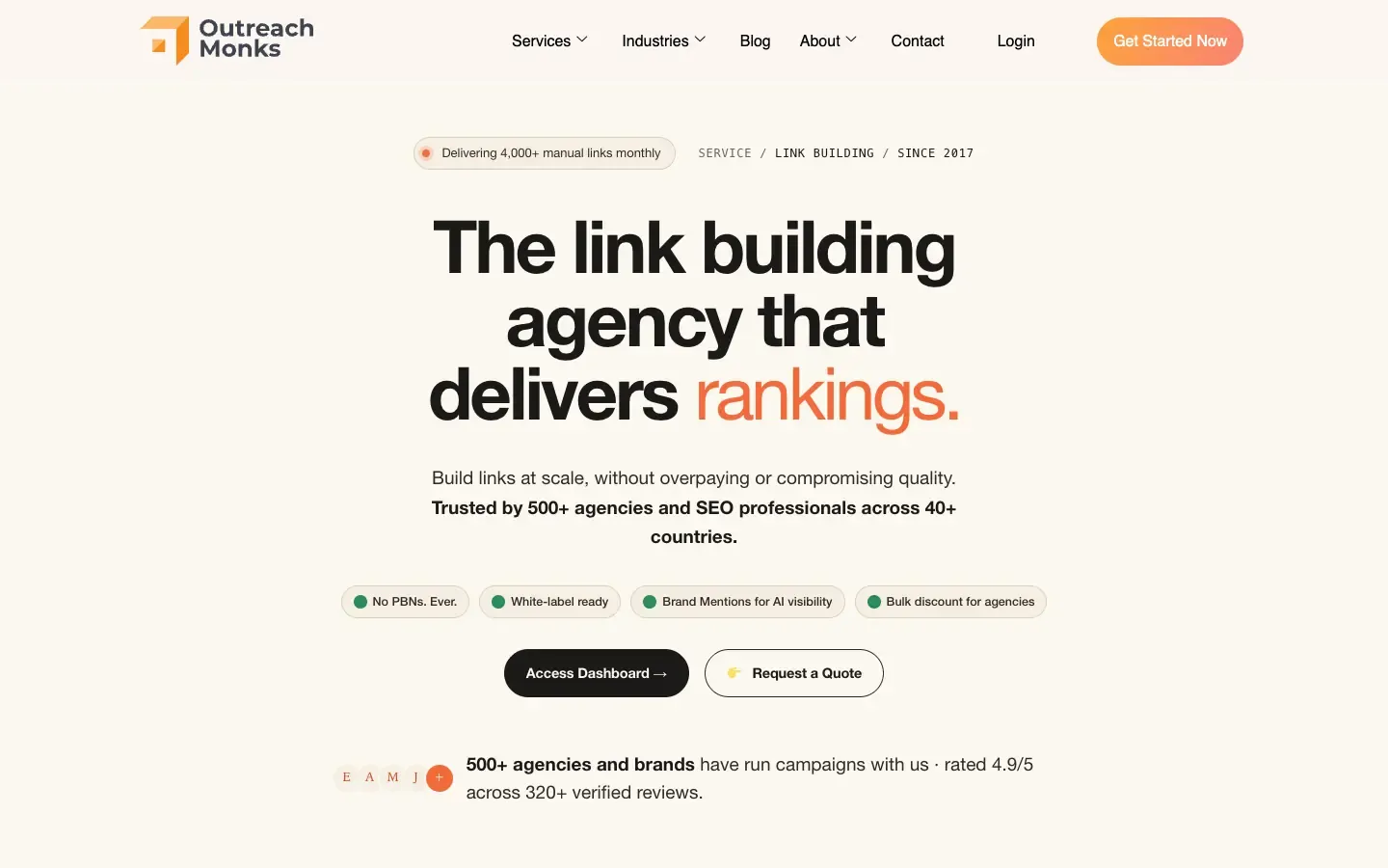 Outreach Monks homepage, above the fold