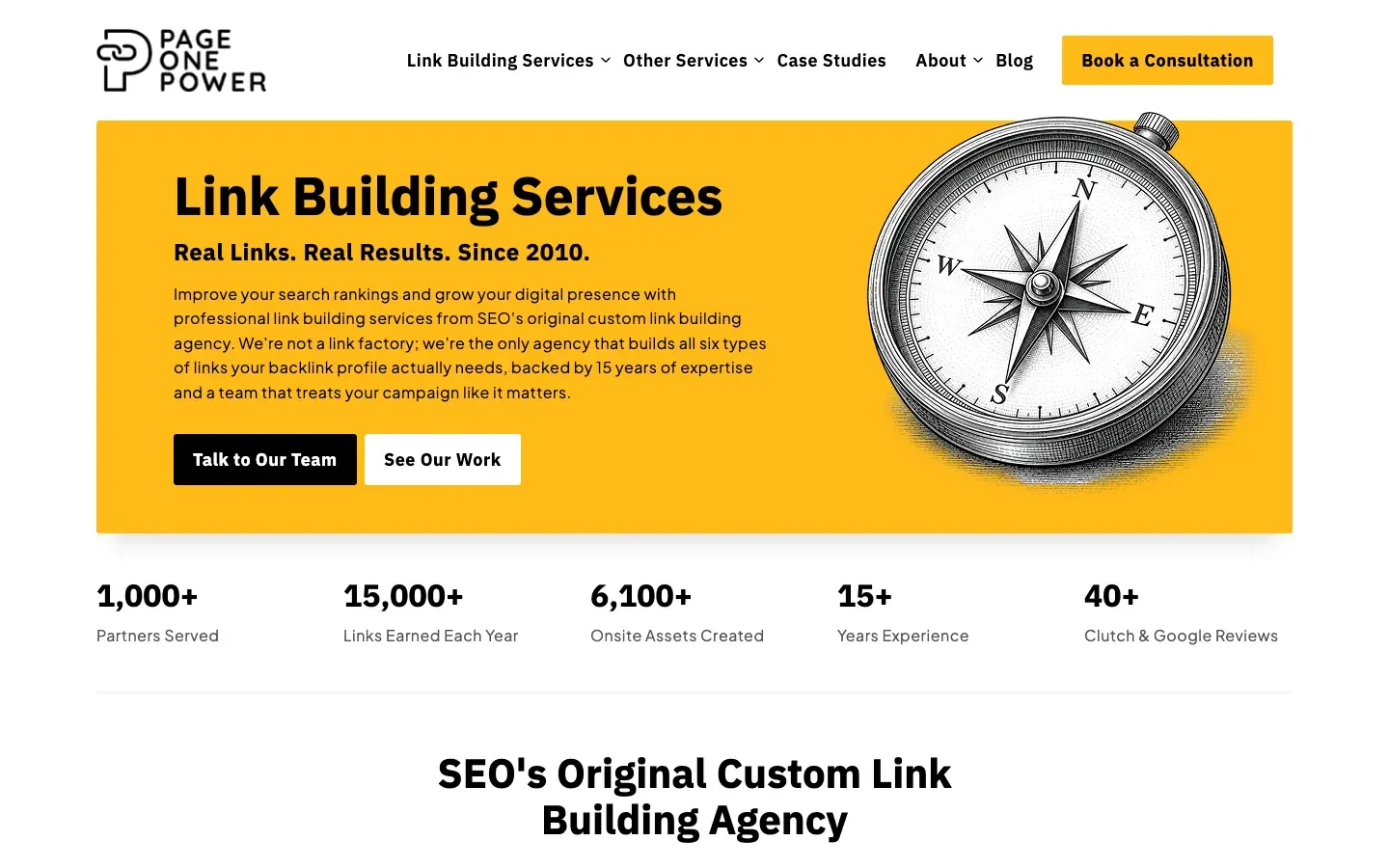 Page One Power: pageonepower.com/link-building-service as it looked when we checked