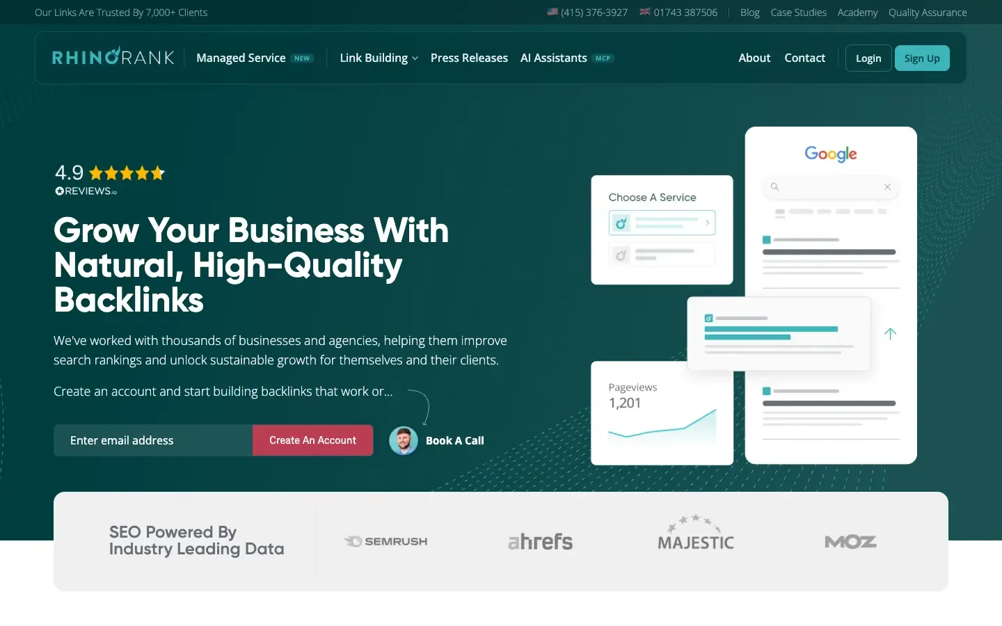 Rhino Rank homepage, above the fold